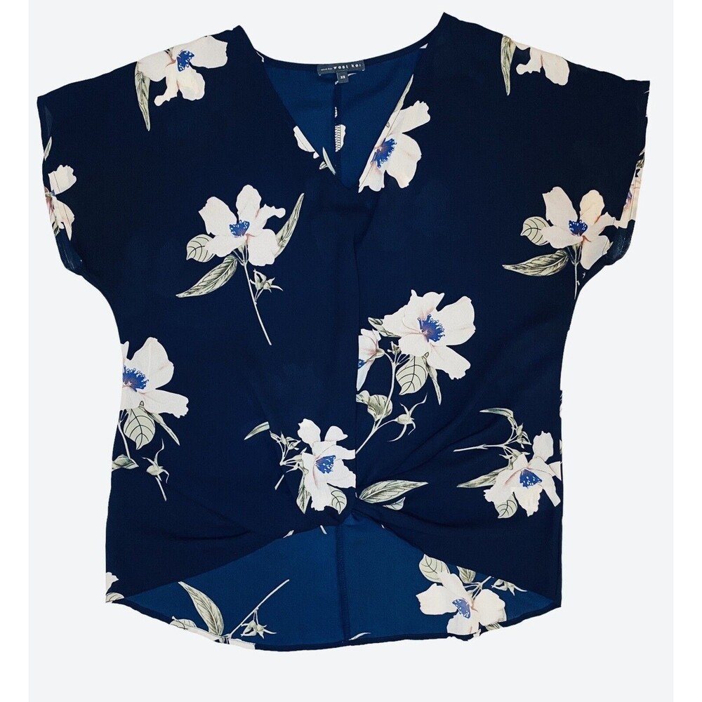 West Kei Blue Floral Blouse XS Semi Sheer V Neck Cap Sleeve Twist Front Top
